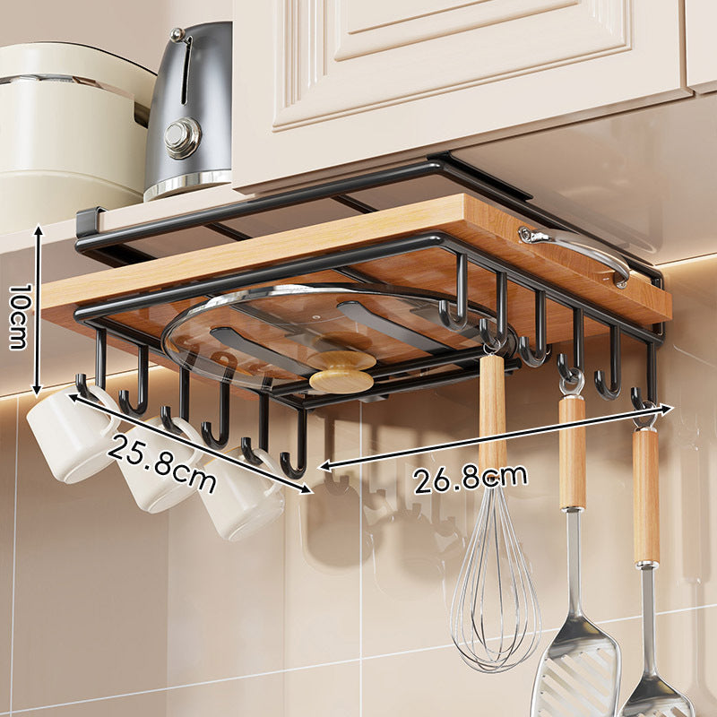 Under-Cabinet Bamboo Shelf with Multi-Hook Mug, Lid and Utensil Organizer