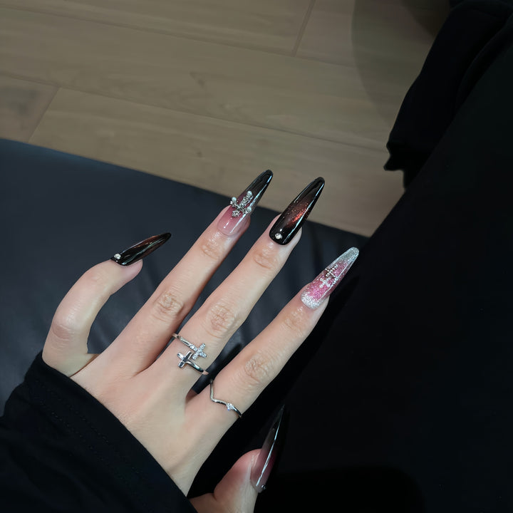 Glamorous artificial nails with shimmering color gradient and cross design Kalsten