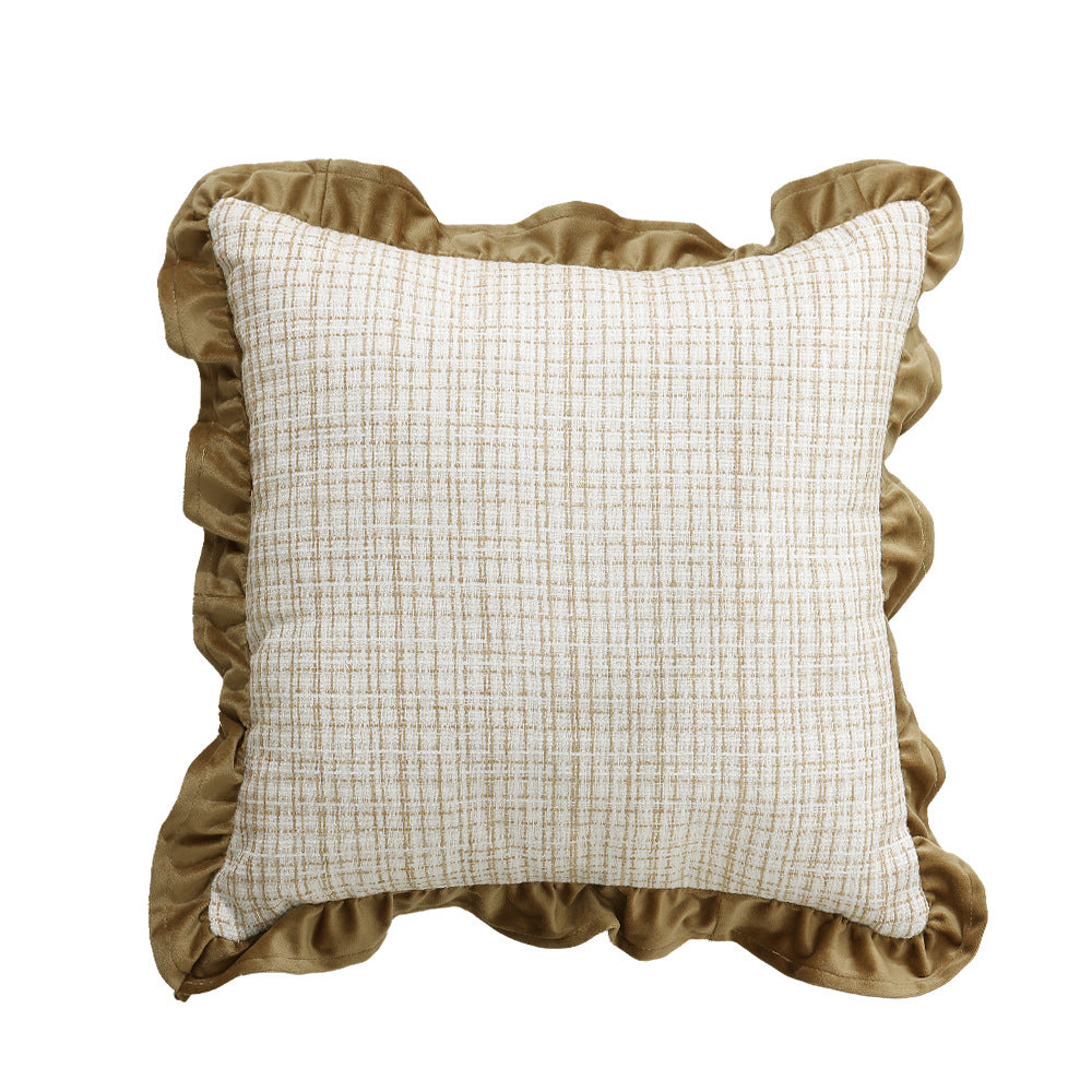 Decorative cushion with woven bouclé structure and velvet ruffled edge Kalsten