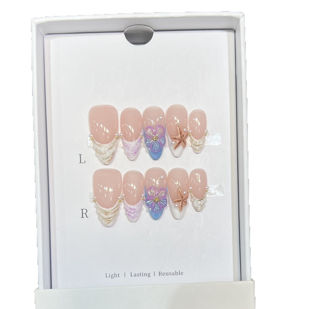 Artistic Press-On Nail Art Set with Floral and Starfish Design Kalsten