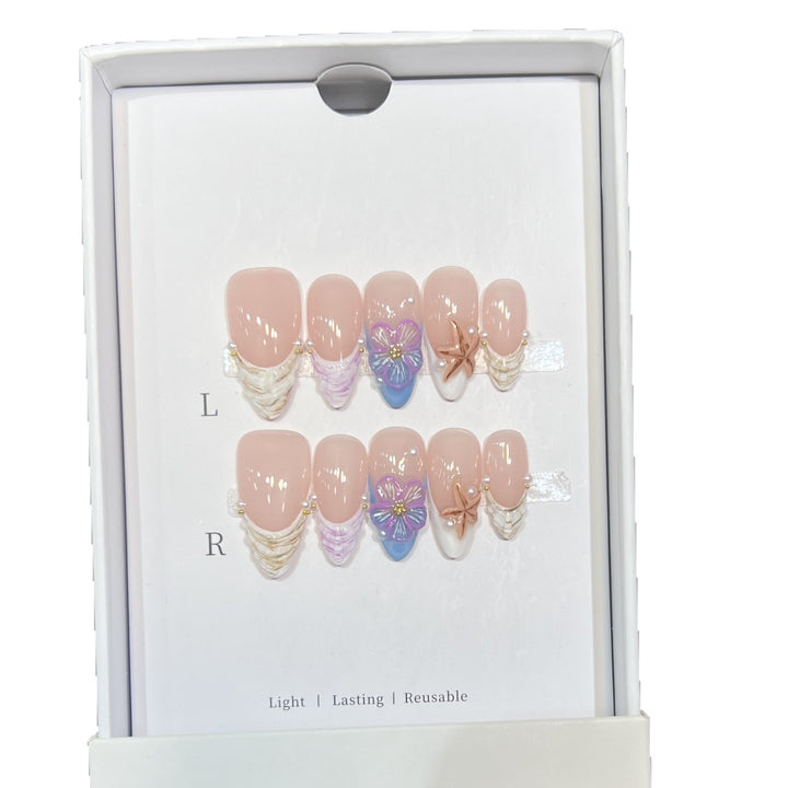 Artistic Press-On Nail Art Set with Floral and Starfish Design Kalsten