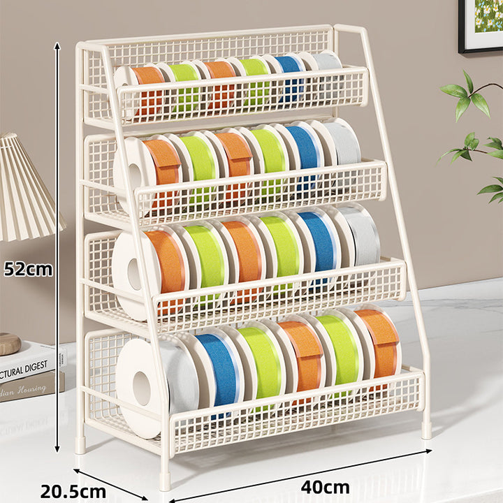 Angled Multi-Tier Spool and Tape Storage Rack with Wire Mesh Baskets