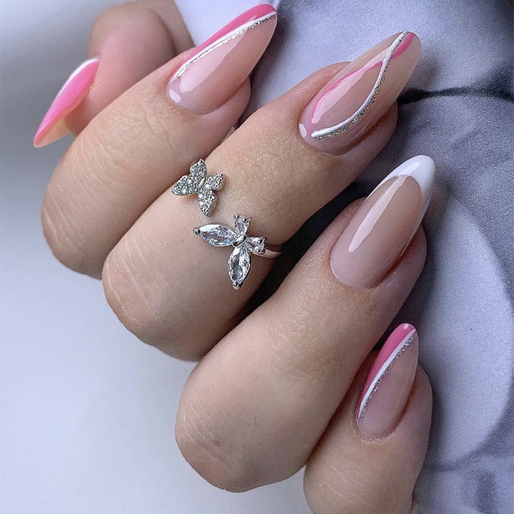 Elegant Press-On Nail Art Set with Butterfly and Glitter Accents Kalsten