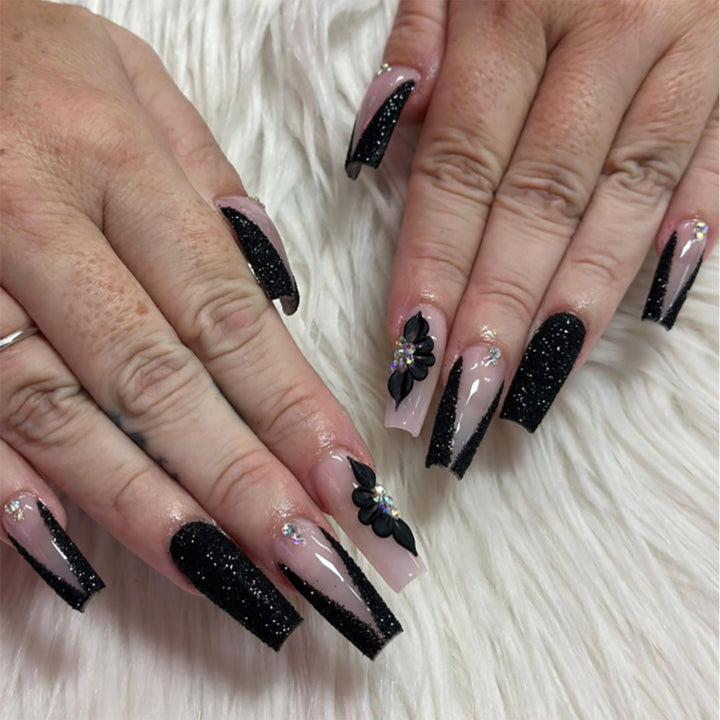 Glamorous Long Stiletto Press-On Nails with Glitter and Floral Accents Kalsten