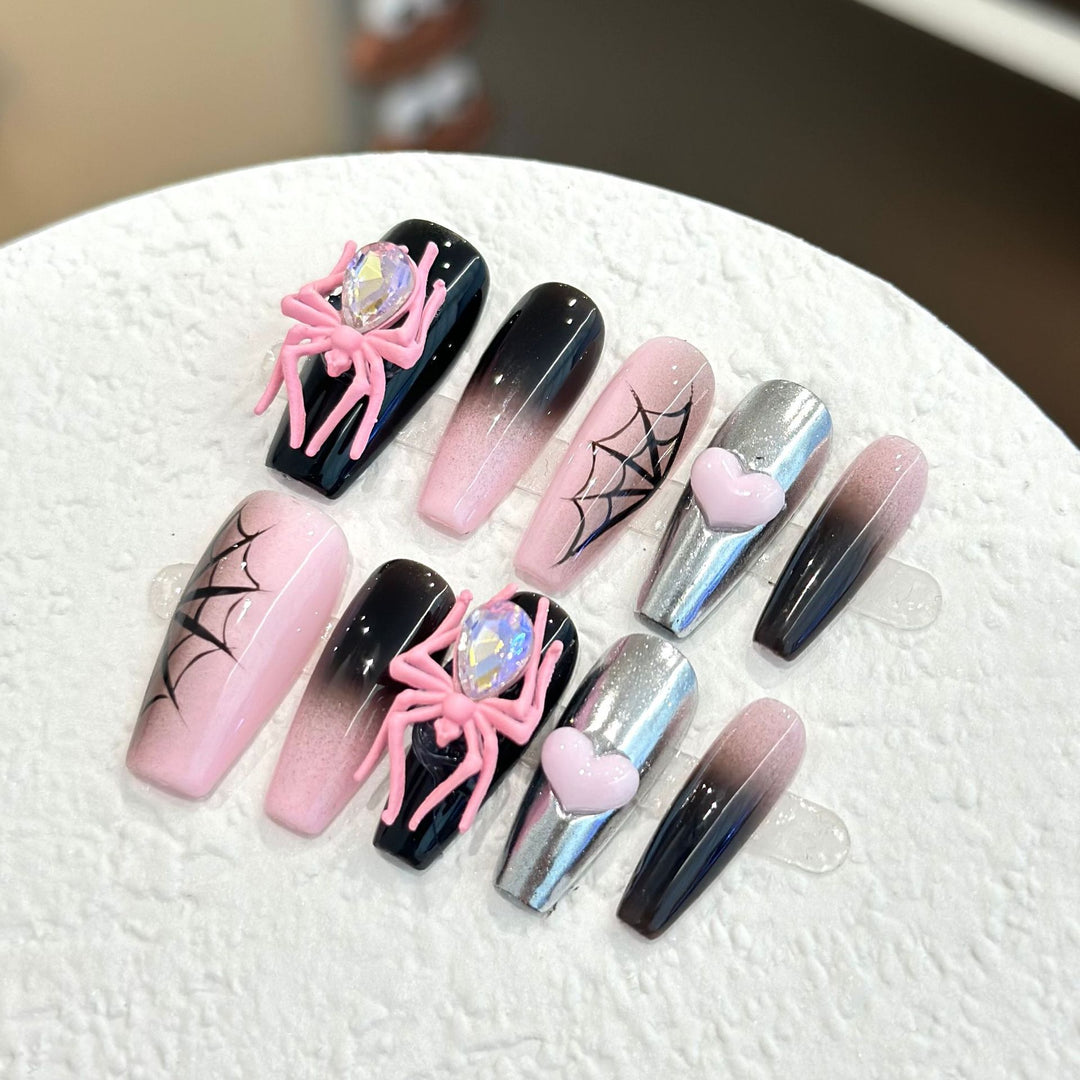 Themed Press-On Nail Art Set with Spider Accessories