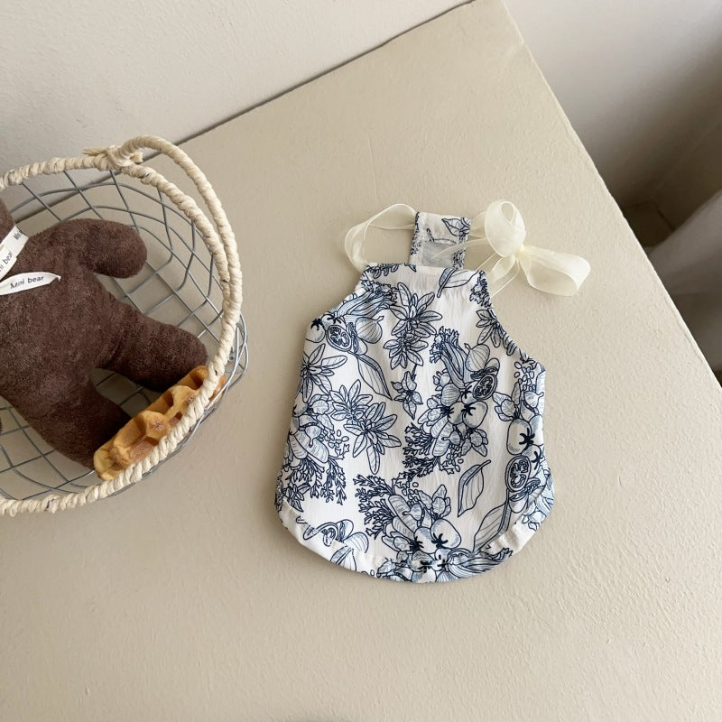 Floral Cotton Baby Halter Romper with Sheer Ribbon Shoulder Ties