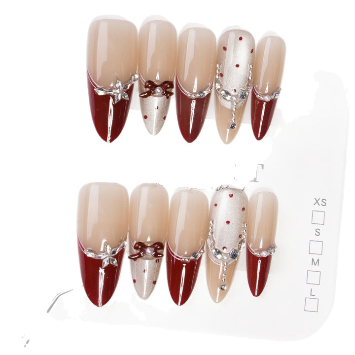 Artistic Press-On Nail Set with Elegant Bow and Gemstone Decor Kalsten