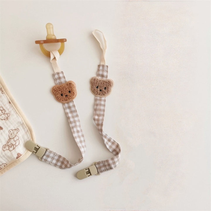 Gingham Cotton Pacifier and Teether Clip with Embroidered Bear Applique