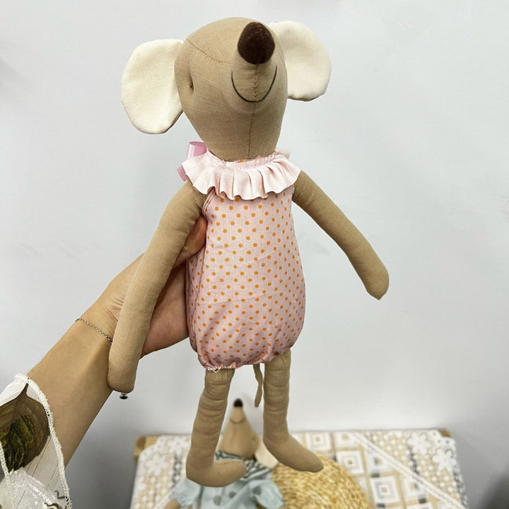 Handmade Linen Elephant Soft Toy Doll with Long Limbs and Ruffled Collar