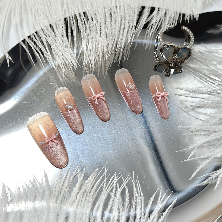 Elegant Artificial Nails with Delicate Gradients and Ribbons Kalsten
