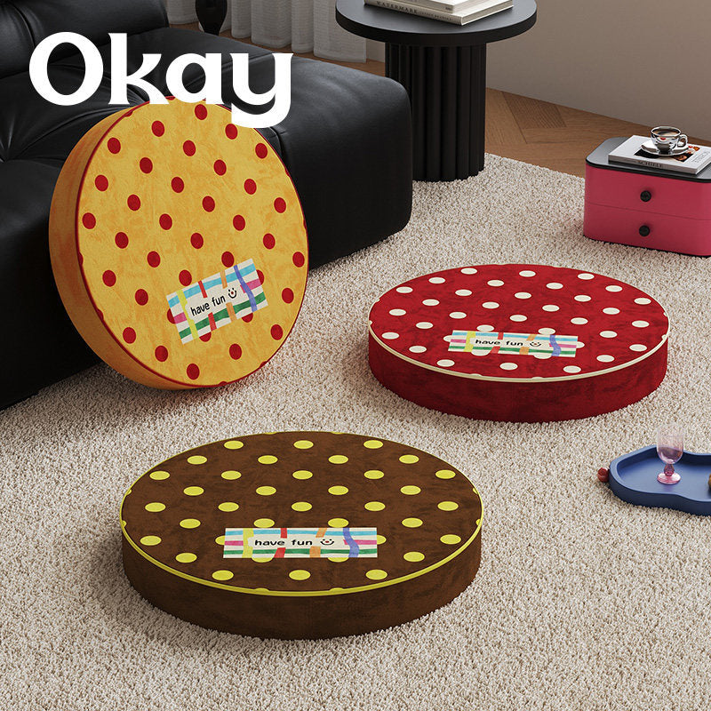 Round Plush Floor Cushion Pouf with Polka Dot Texture and Playful Have Fun Patch