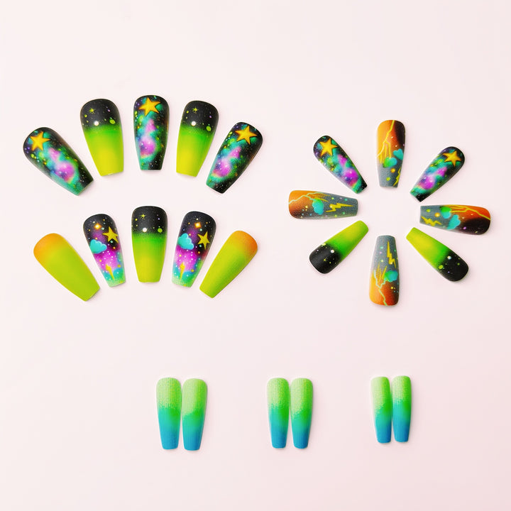 Creative acrylic nails with neon galaxy design Kalsten