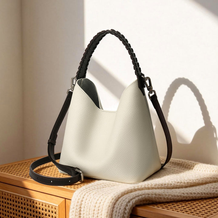 Pebbled Leather Bucket Hobo Bag with Braided Top Handle & Detachable Shoulder Strap