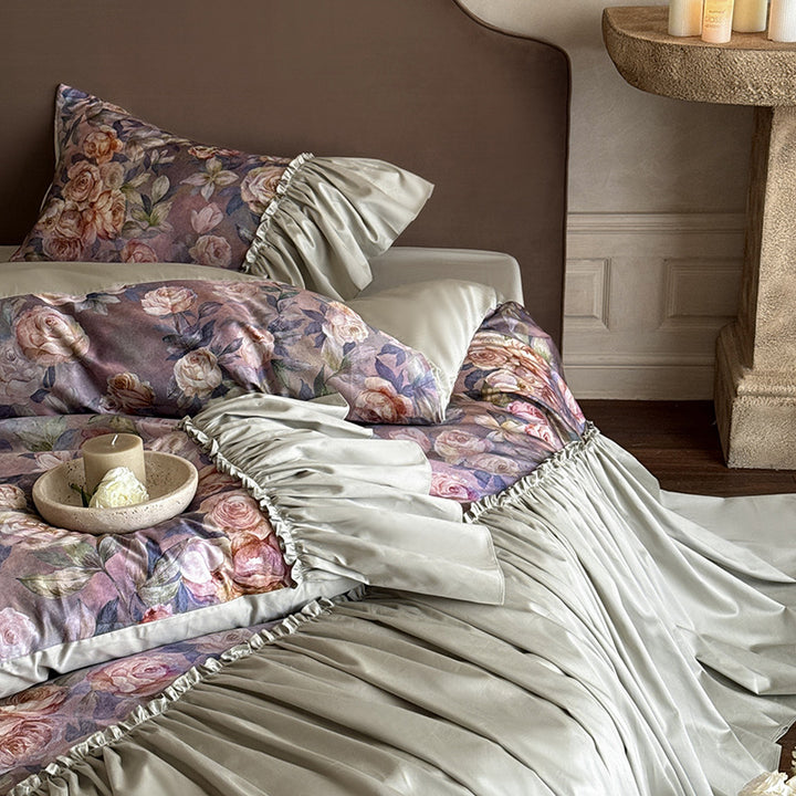 Bedding set made of cotton satin with lavish frills and floral watercolor print