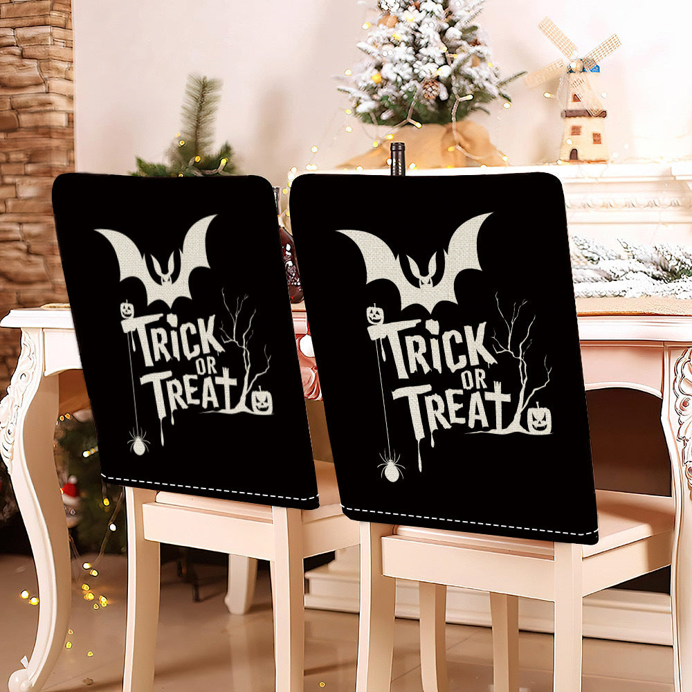 festive Halloween chair covers made of stretchable polyester with witch hat and lettering design