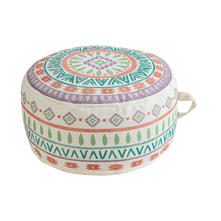 Round seat pouf with woven cotton cover and ethnic mandala print Kalsten