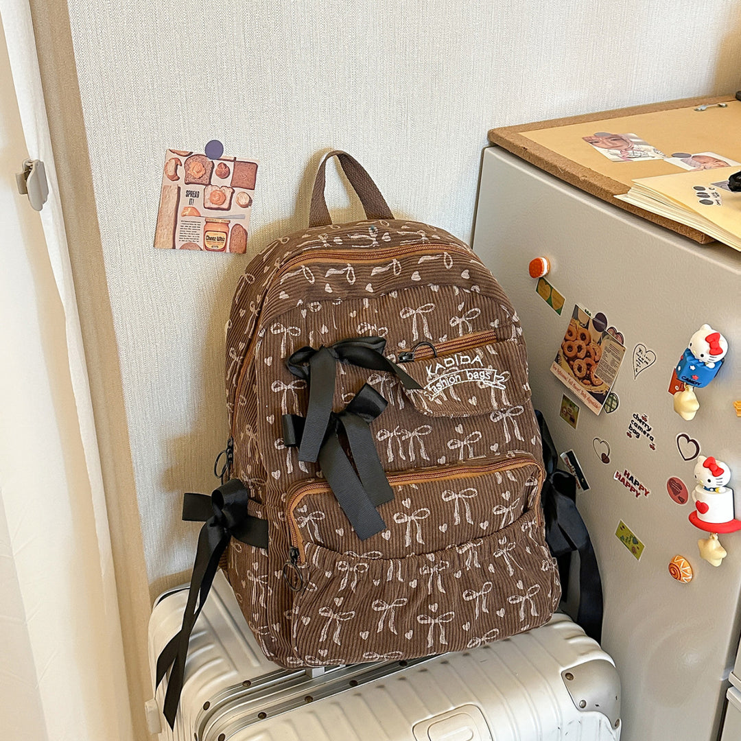 Playful Bow-Embellished Corduroy Backpack Kalsten
