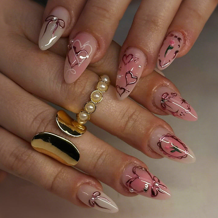Artificial nail set with romantic hearts and bows design Kalsten