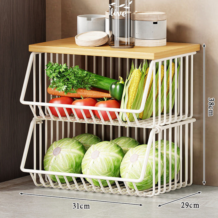 Slim Vertical Rolling Wire Produce and Pantry Organizer Cart with Wood Top