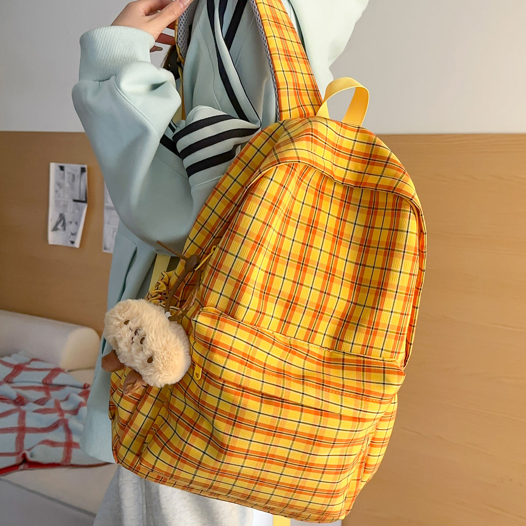 Backpack with Practical Check Pattern and Cute Plush Pendant Kalsten
