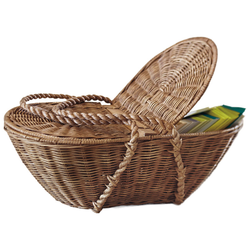Practical storage basket with lid made of woven natural material Kalsten