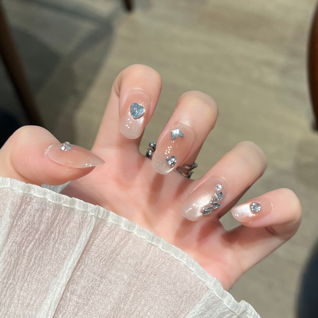 Heart-Shaped Crystal-Embellished Press-On Nail Art Kalsten