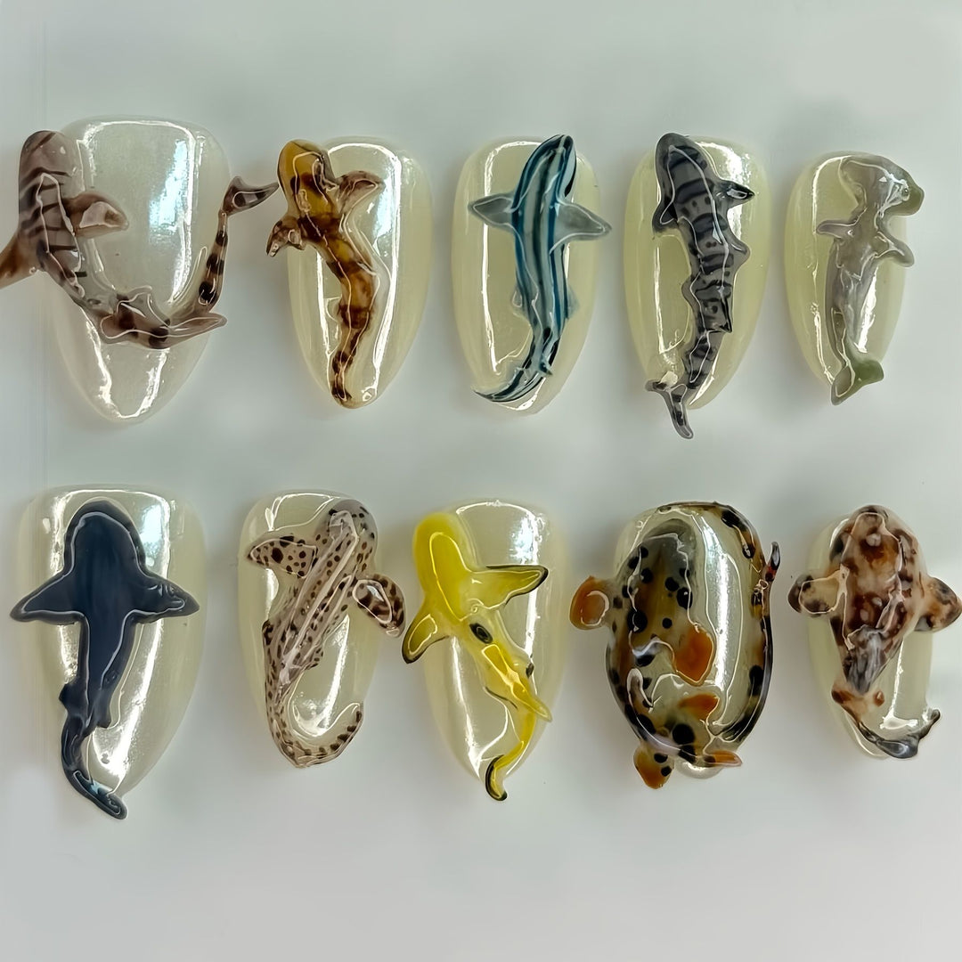 Artistic Shark-Themed Press-On Nail Art Kalsten