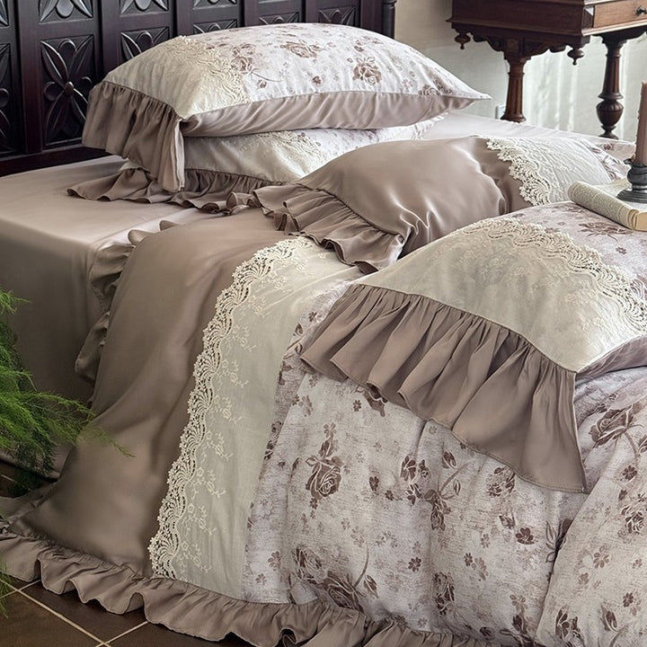 Elegant bedding set in vintage romantic style with lace applique, ruffle, and satin edging