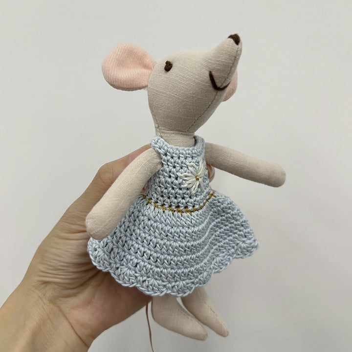 Handcrafted Cotton Plush Mouse Doll with Crocheted Dress