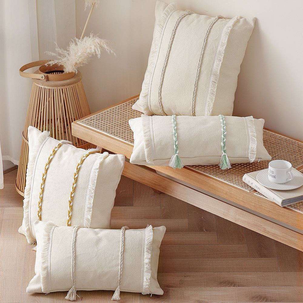 Decorative rectangular cotton cushion cover with woven trims and fringes Kalsten