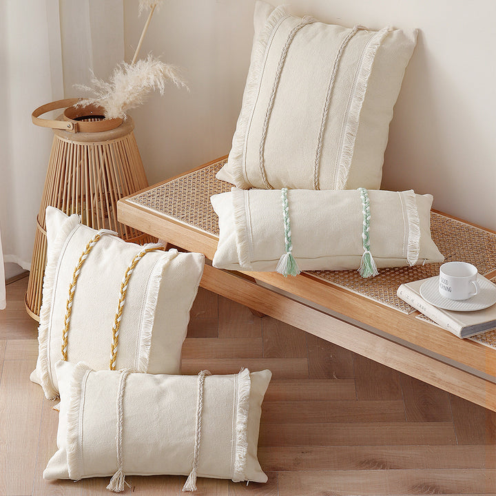 Decorative rectangular cotton cushion cover with woven trims and fringes Kalsten