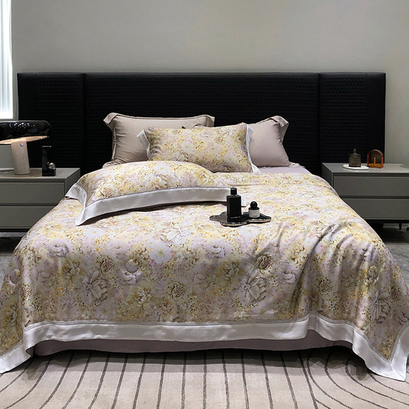 Luxurious cotton satin bedding set with floral watercolor print and fine satin trim