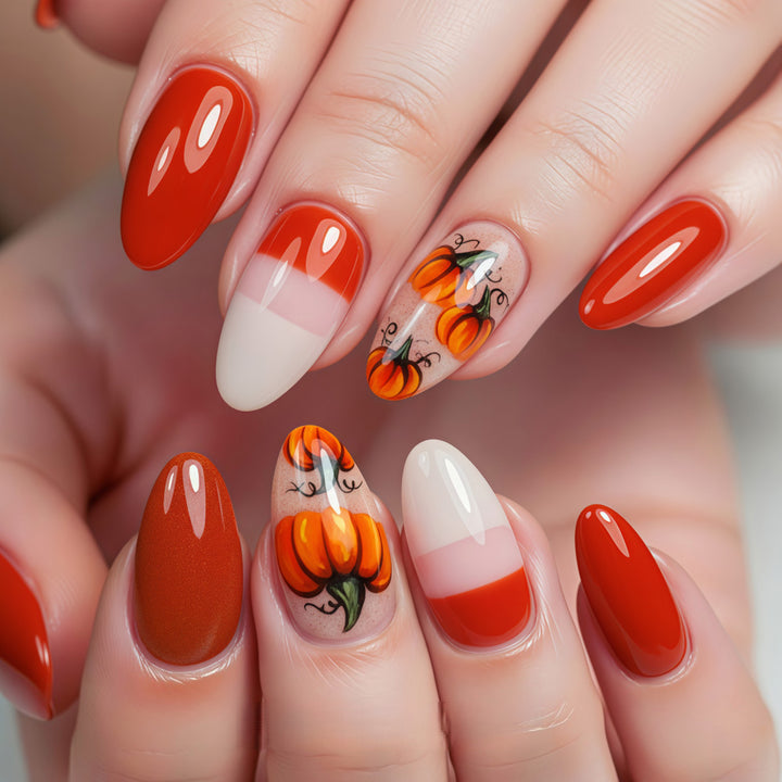 Artificial nails in autumn pumpkin design Kalsten