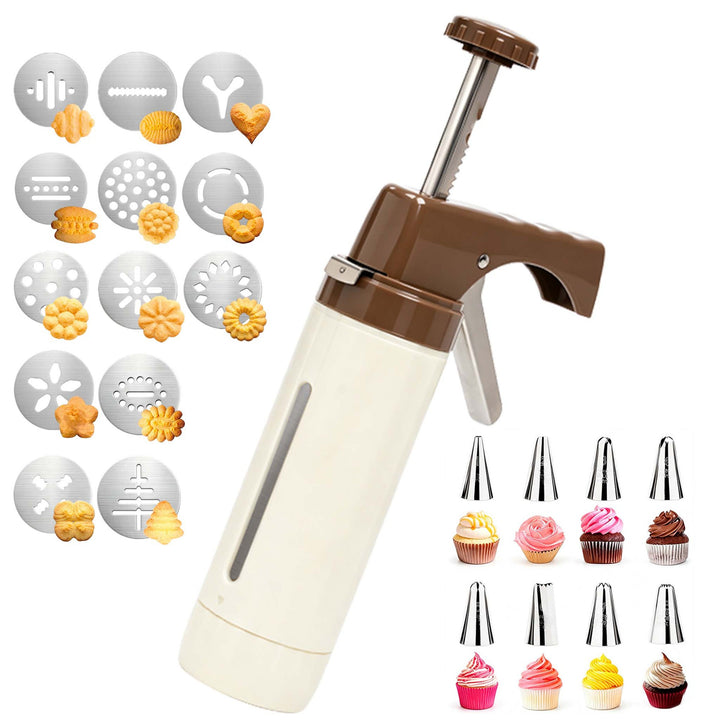 Professional Multi-Function Cookie Press and Icing Gun Set with Thirteen Cookie Discs and Eight Piping Tips