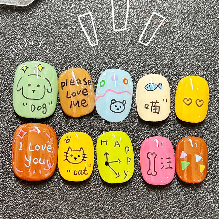 Artistic Cat-Themed Press-On Nail Art Set Kalsten