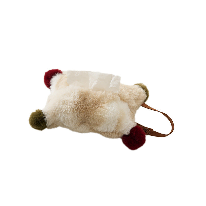 Plush tissue box cover made of faux fur with colorful pom-pom corners Kalsten