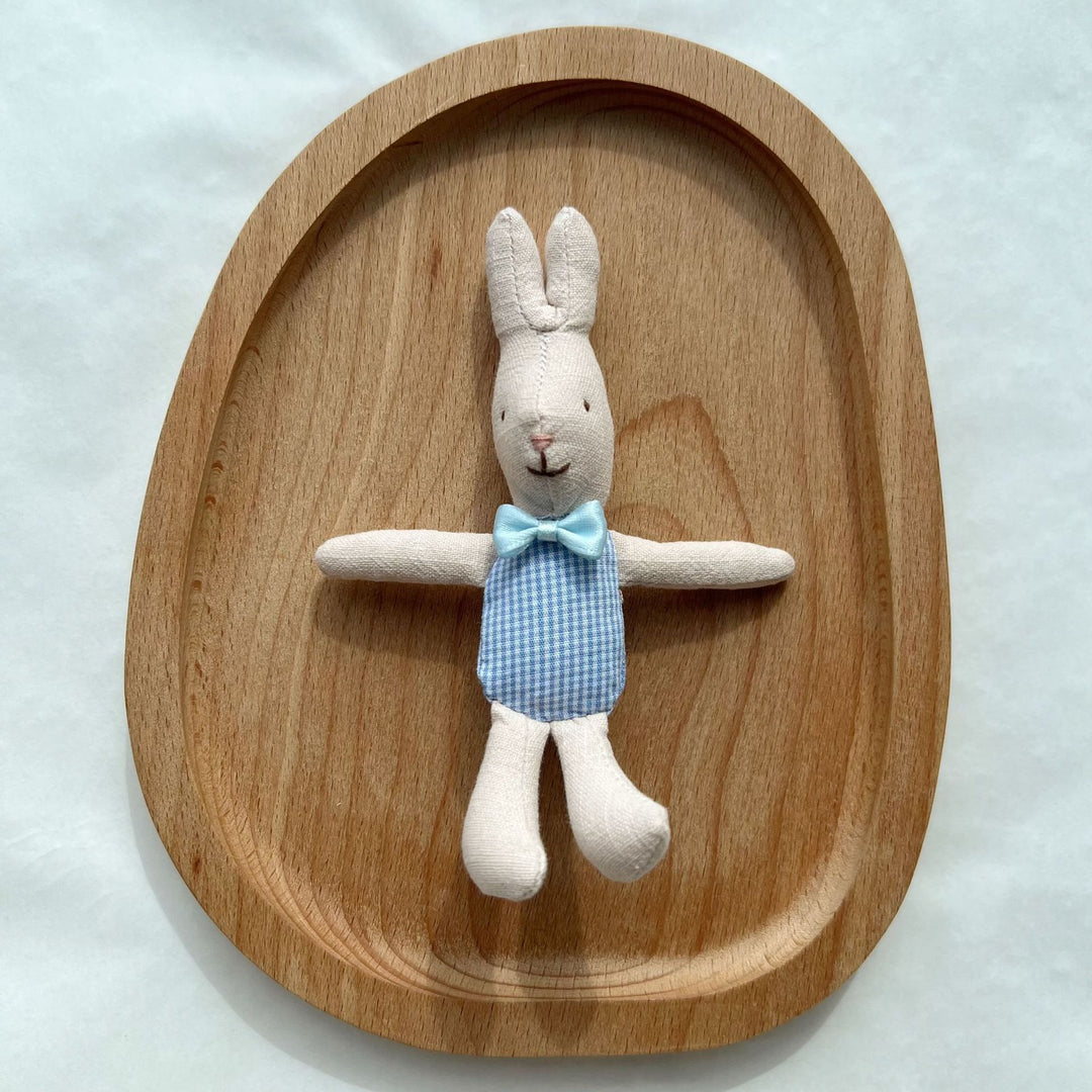 Miniature Linen Rabbit Comforter Plush with Gingham Pocket Dress and Ribbon Bow