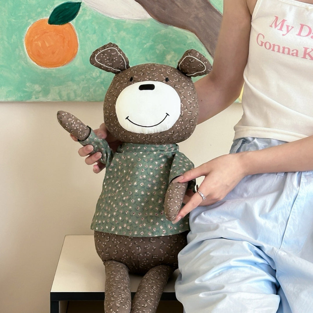 Large cuddly teddy bear made of cotton fabric with a floral shirt handmade
