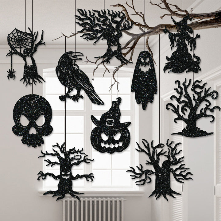 Multi-Part Hanging Halloween Decoration Set with Glitter Silhouettes