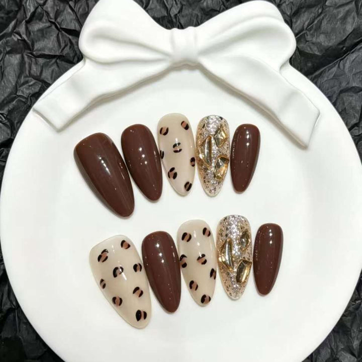 Artistic Press-On Nail Set with Rhinestone and Leopard Design