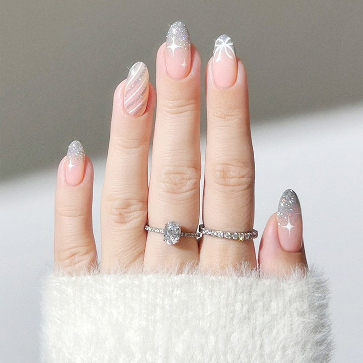 Decorative Press-On Nail Set with Glitter and Striped Design kalsten