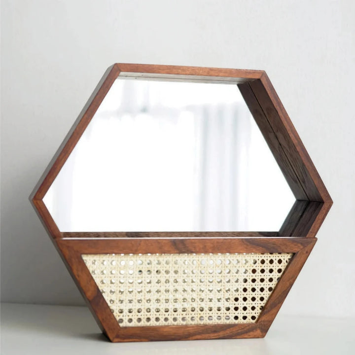 Rustic wall mirror with natural rattan frame Kalsten