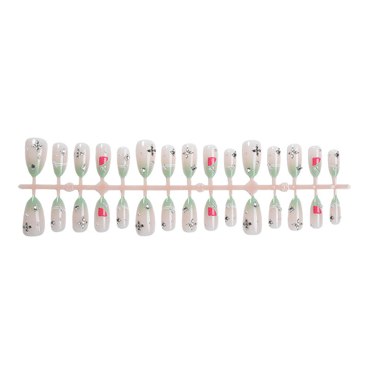Decorative Press-On Nail Set with Fruit and Gemstone Accents