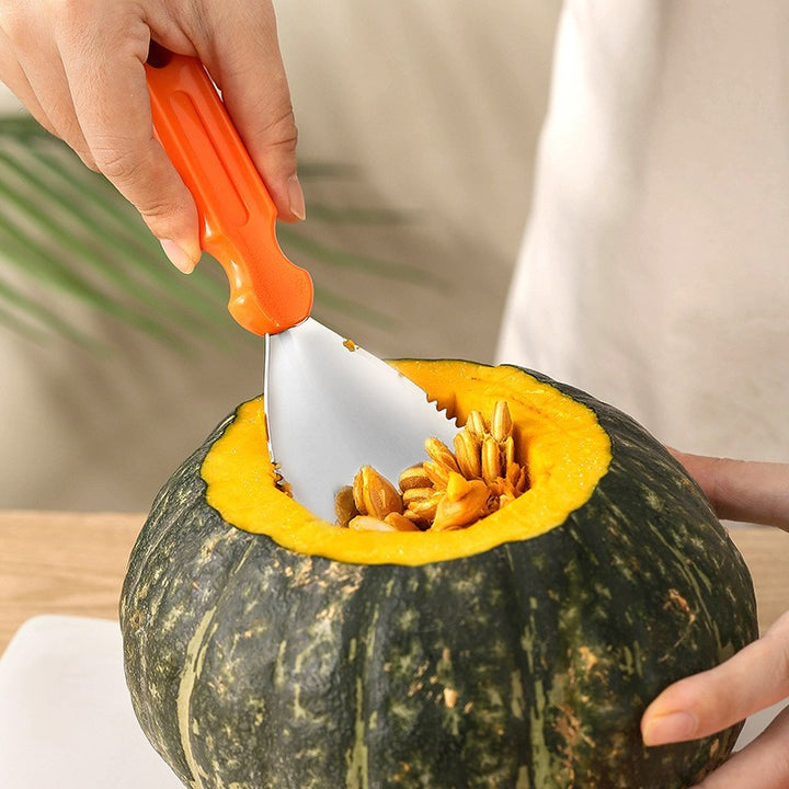 Fruit and melon baller with ergonomic plastic handle and stainless steel cutting blade