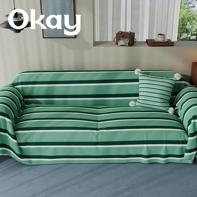 Reversible Plaid-Trim Sofa Slipcover and Throw Blanket Set