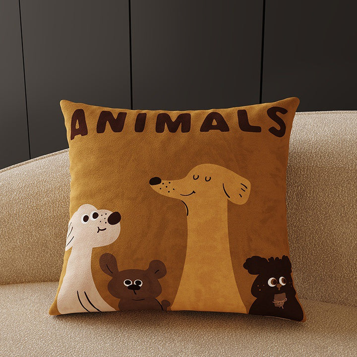 Plush Velvet Decorative Square Throw Pillow Cover with Cartoon Dog Family Illustration and Hidden Zipper