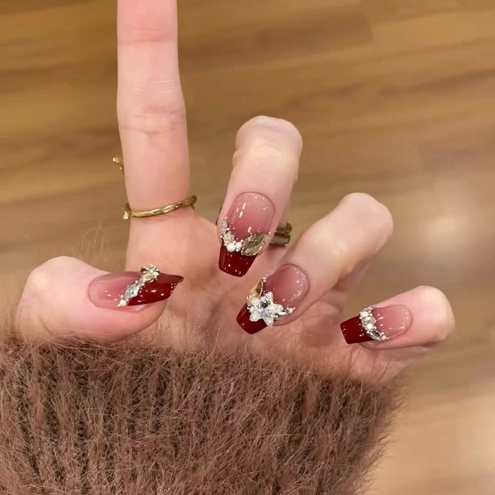 Artistic Press-On Nail Design with Gemstone Accents Kalsten