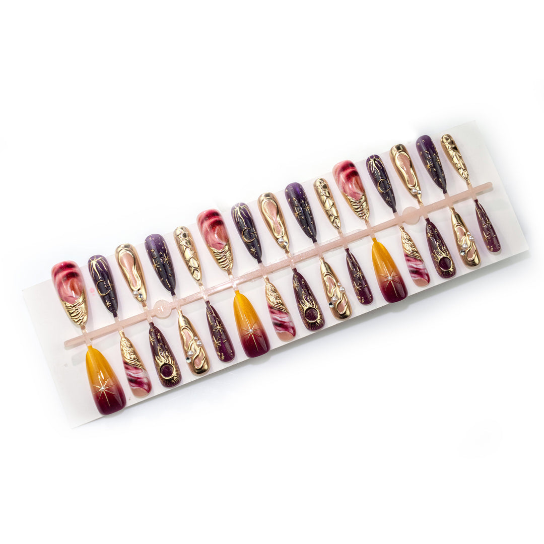 Artistic Press-On Nail Set with Metallic Accents