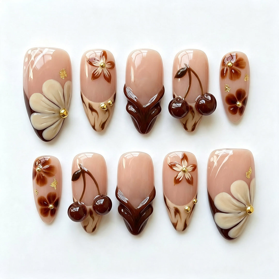 Artistic Floral and Cherry Press-On Nail Art Set Kalsten
