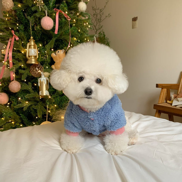 Teddy Plush Pullover Dog Sweater with High-Fit Ribbed Neck and Embroidered Lettering